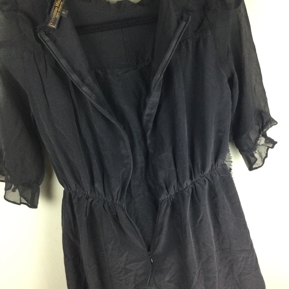 Vivienne Midow 100% Silk Ruffle Raw Trim Sheer Sleeve Black Mini Dress Size 2 - Picture 10 of 12